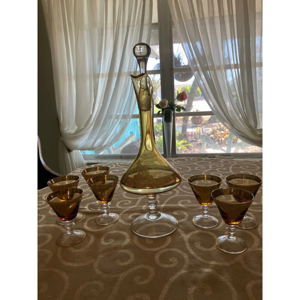 Murano Italian Blown Glass Sherry Decanter 
Set Amber with Heavy Gold Overlay